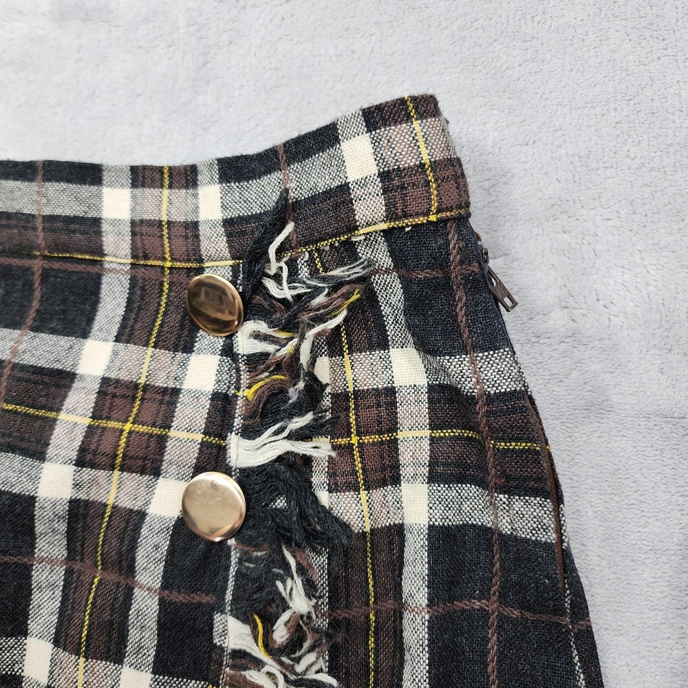 Vintage Skirt Women XXS Black Brown Plaid Pencil Faux Wrap Button Front Side Zip - Picture 2 of 10